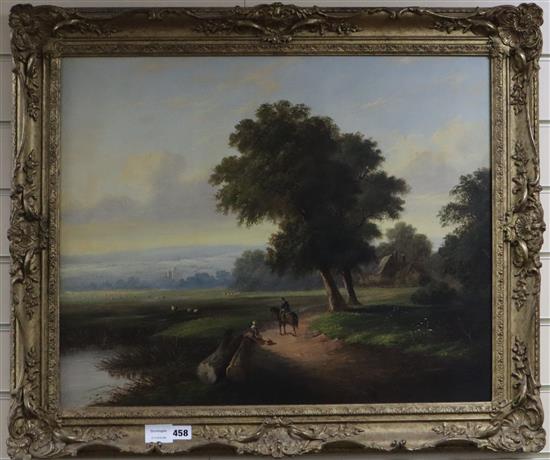 H.J.W., oil on canvas, Landscape with horse and rider, with a figure by a pond, signed monograms, 52 x 64cm